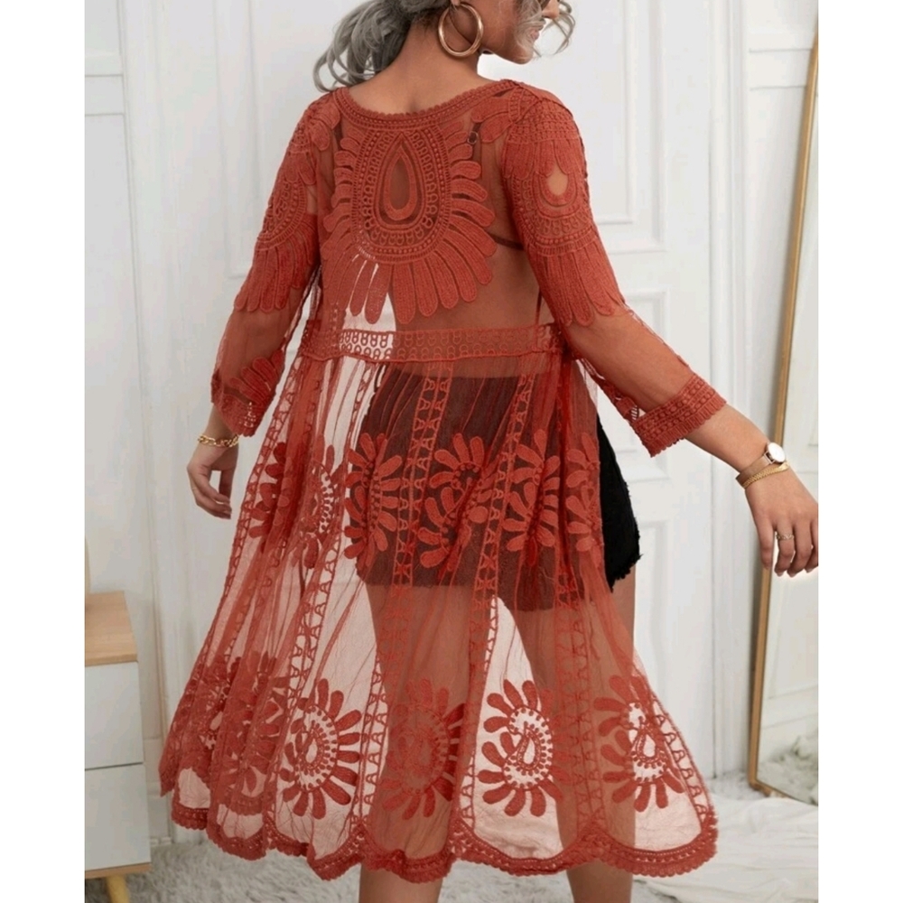 Red Boho Tie Front Mesh Embroidered Kimono - Picture 4 of 10